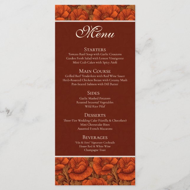 Boho Anemones Themed Autumn Wedding Menu (Front)