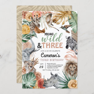 Boho Animal Safari Wild and Three Birthday Invitation