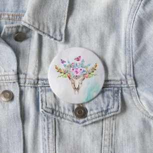 Boho Animal Skull with Butterflies and Flowers 7.5 Cm Round Badge