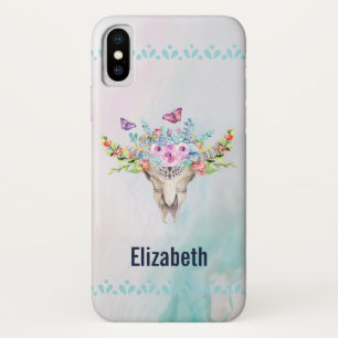 Boho Animal Skull with Butterflies and Flowers iPhone X Case