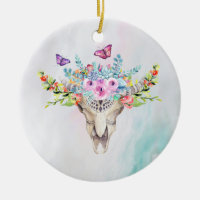 Boho Animal Skull with Butterflies and Flowers