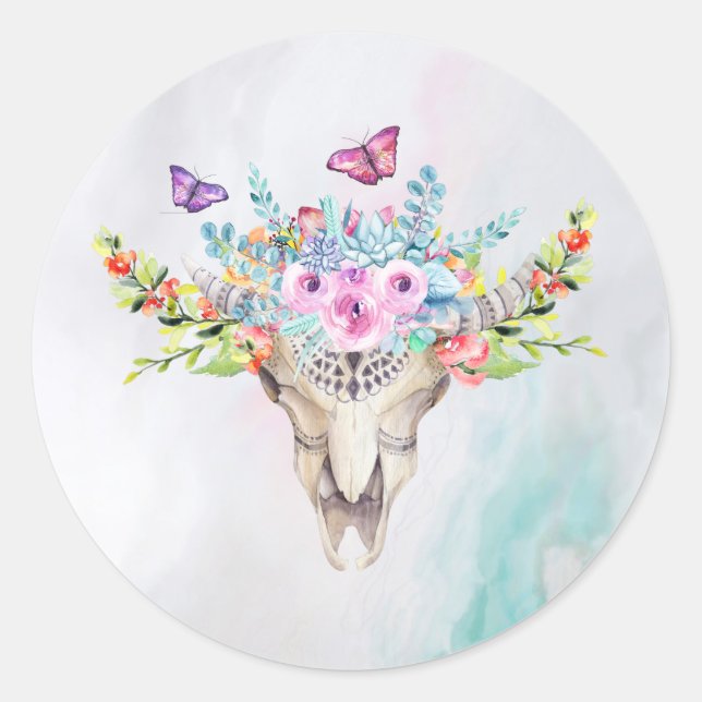 Boho Animal Skull with Butterflies and Flowers Classic Round Sticker (Front)