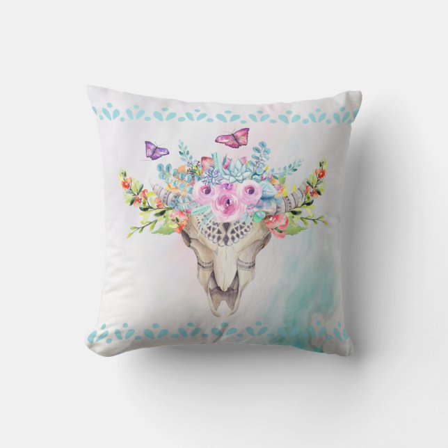 Boho Animal Skull with Butterflies and Flowers Cushion (Front)