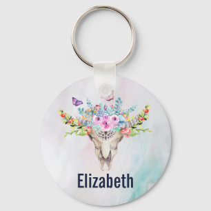 Boho Animal Skull with Butterflies and Flowers Key Ring
