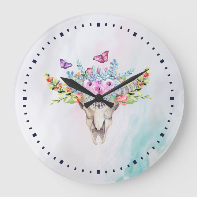 Boho Animal Skull with Butterflies and Flowers Large Clock (Front)