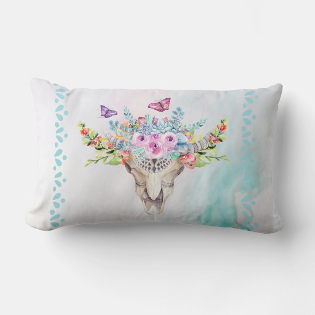 Boho Animal Skull with Butterflies and Flowers Lumbar Cushion (Front)
