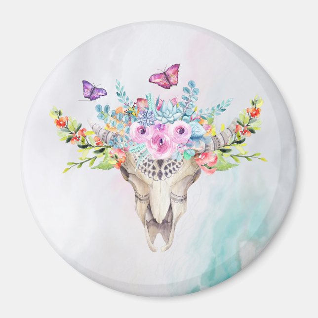 Boho Animal Skull with Butterflies and Flowers Magnet (Front)