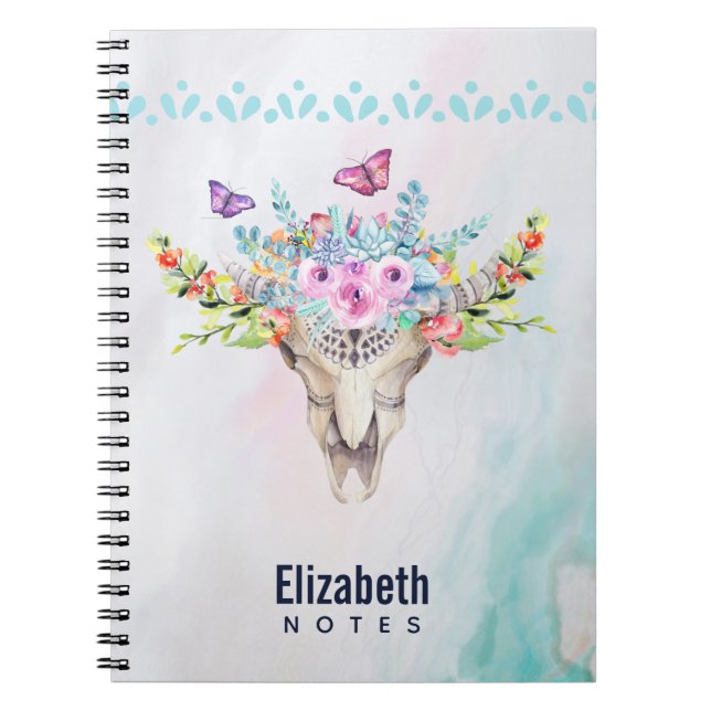Boho Animal Skull with Butterflies and Flowers Notebook (Front)
