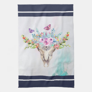 Boho Animal Skull with Butterflies and Flowers Tea Towel
