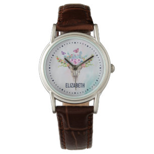 Boho Animal Skull with Butterflies and Flowers Watch