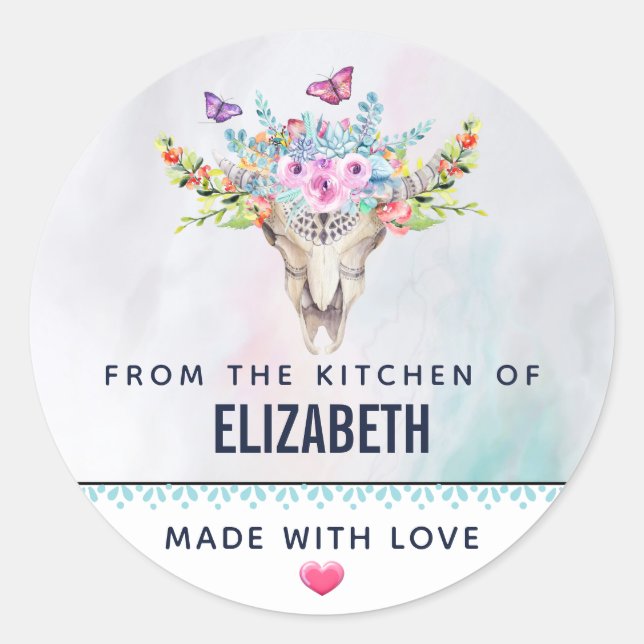 Boho Animal Skull with Butterflies Kitchen Classic Round Sticker (Front)