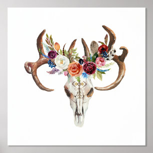 Boho Animal Skull With Colourful Boho Flowers Foil Prints