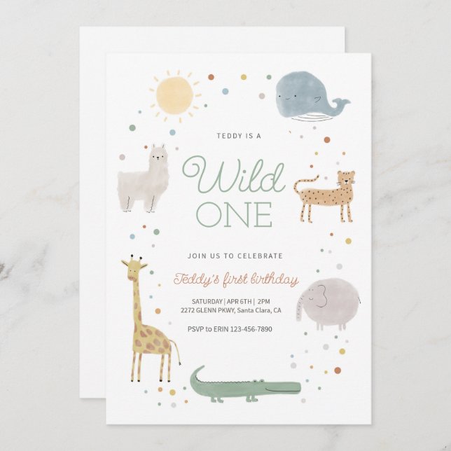 Boho animal wild one birthday invitation (Front/Back)