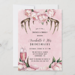 Boho Antler and Pink Peonies Brunch & Bubbly Invitation