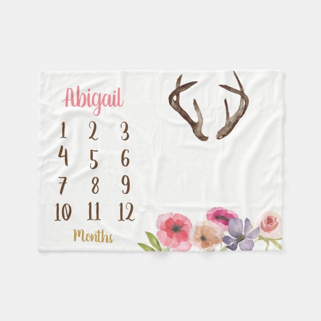 Boho Antler Baby Milestone Monthly Baby Blanket (Front (Horizontal))