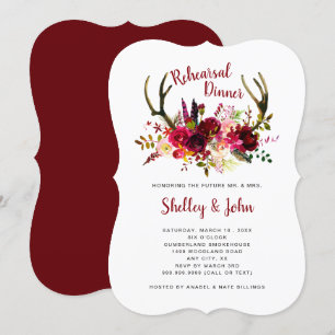 Boho Antler Burgundy Floral Rehearsal Dinner Invitation