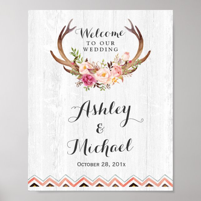 Boho Antler Floral Rustic White Wood Wedding Sign (Front)