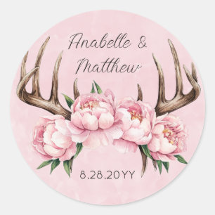 Boho Antler with Pink Peonies Classic Round Sticker