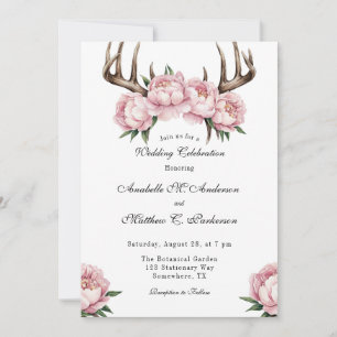 Boho Antler with Pink Peonies Wedding Celebration Invitation