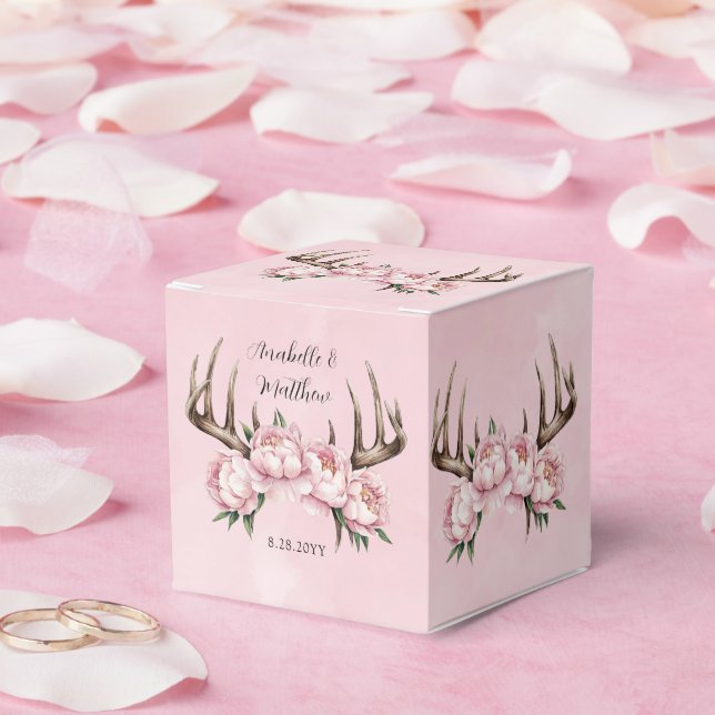 Boho Antler with Pink Peonies Wedding Favour Box (Wedding)