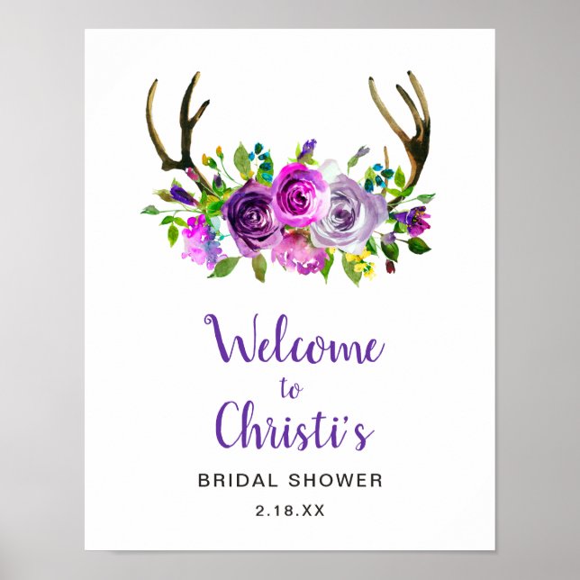 Boho Antlers Floral Bridal Shower Welcome Sign (Front)