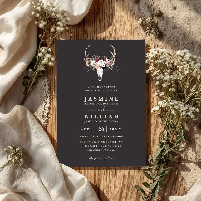 Boho Antlers Floral Rustic Elegant QR Code Wedding Invitation (Creator Uploaded)