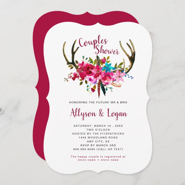 Boho Antlers Fuchsia Pink Floral Couples Shower Invitation (Front/Back)