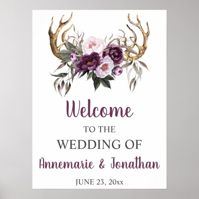 Boho Antlers Purple Plum Pink Peonies Welcome Poster (Front)