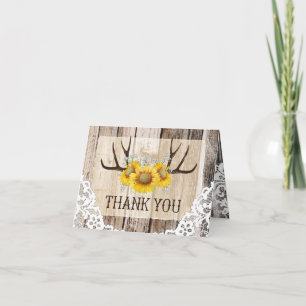 Boho Antlers Rustic Wood Sunflowers Lace Thank You