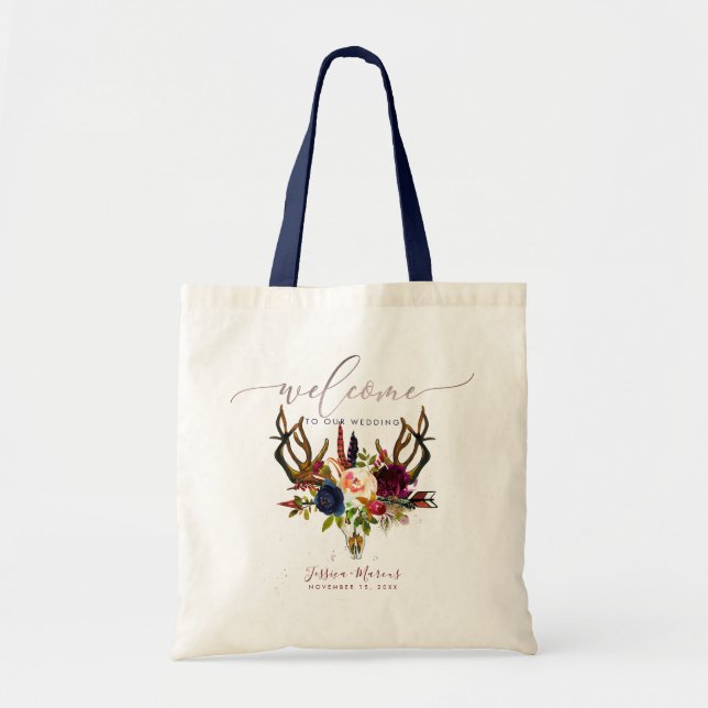 Boho Antlers+Skull Burgundy Flowers Welcome Gifts Tote Bag (Front)