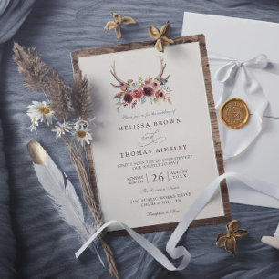 Boho Antlers Terracotta Floral QR Code Wedding Invitation