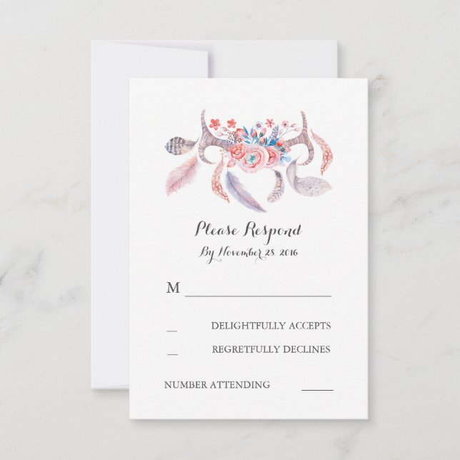 boho antlers wedding rsvp card (Front)