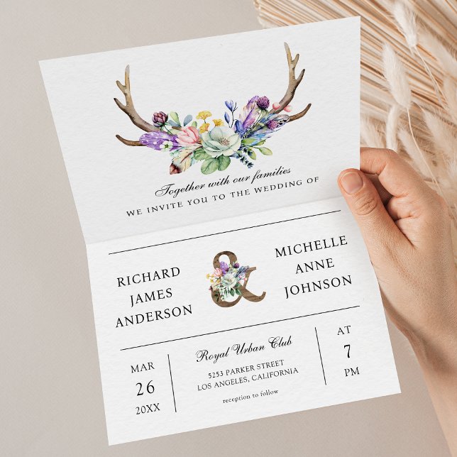 Boho Antlers Wildflower Floral QR Code Wedding Invitation (Creator Uploaded)