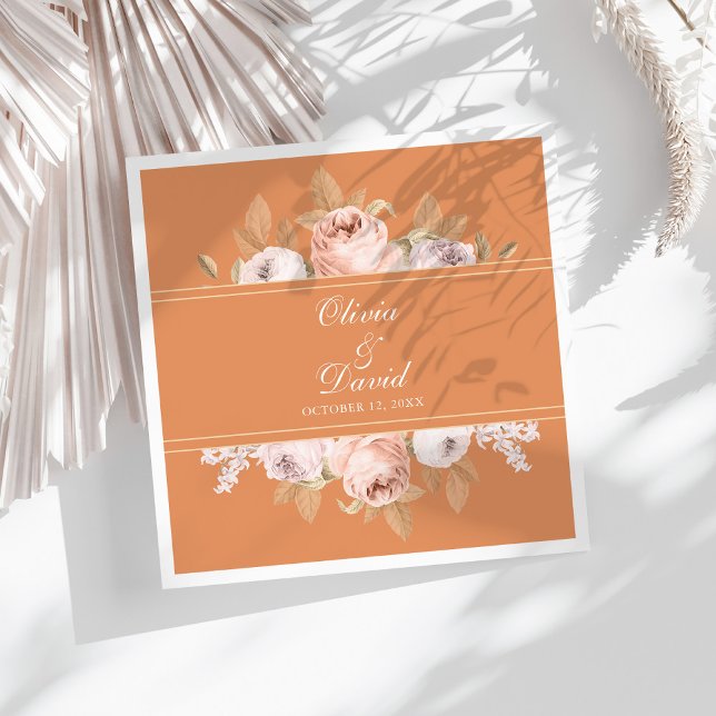 Boho Apricot Peonies Wedding Napkin (Boho Apricot Peonies Wedding Paper Dinner Napkins on a sunny white table.)