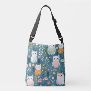 Boho aqua cute cat crossbody bag with black strap