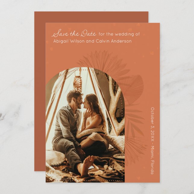 Boho Arch and Palm Terracotta Save the Date Invitation (Front/Back)