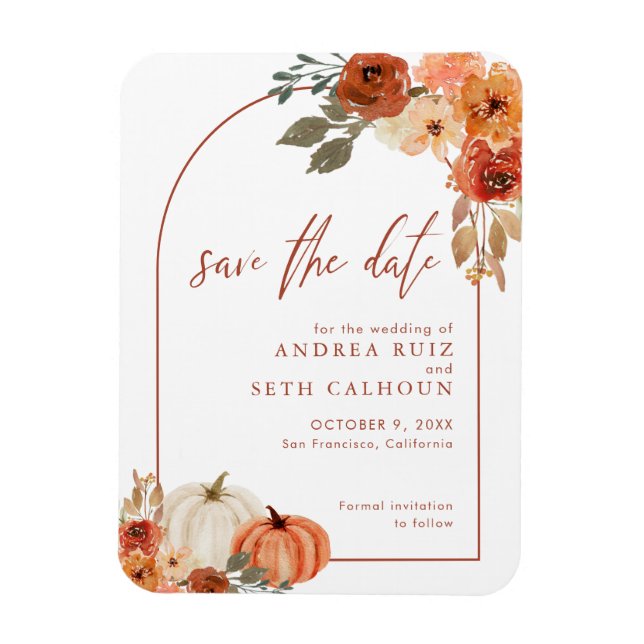 Boho Arch Autumn Pumpkin Terracotta Save The Date Magnet (Vertical)