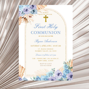 Boho Arch Blue Floral First Holy Communion Cross Invitation