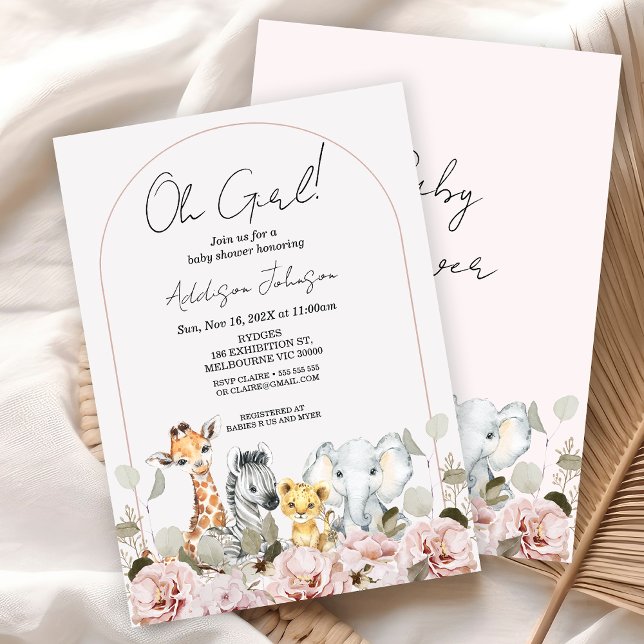 Boho Arch Blush Floral Safari Baby Shower  Invitation (Boho Floral Safari Baby Shower Invitation Girl, Modern Arch Safari Baby Shower Invite, Oh Girls )