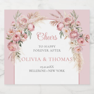 Boho arch blush peonies pampas grass eucalyptus sparkling wine label