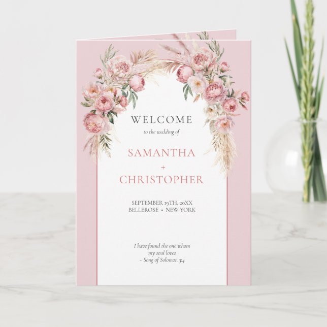 Boho arch blush peonies pampas grass program fold  (Front)