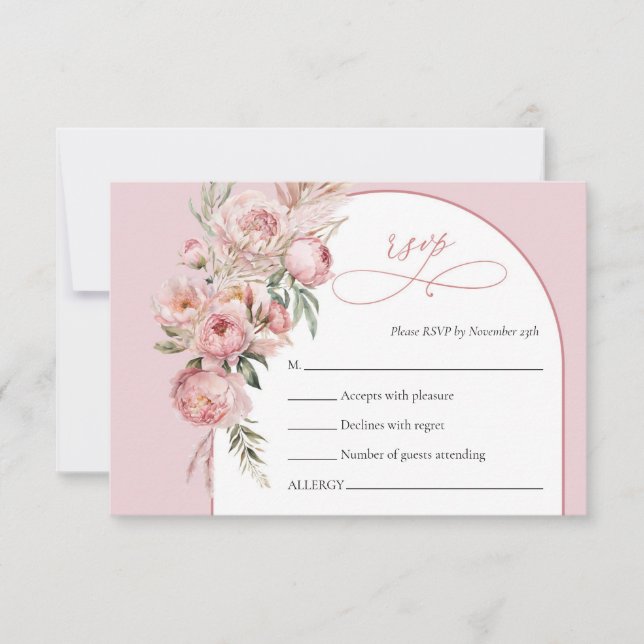 Boho arch blush peonies pampas grass rsvp card (Front)