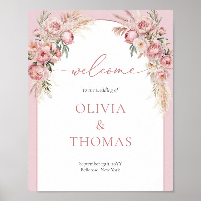 Boho arch blush peonies pampas grass sage welcome poster (Front)