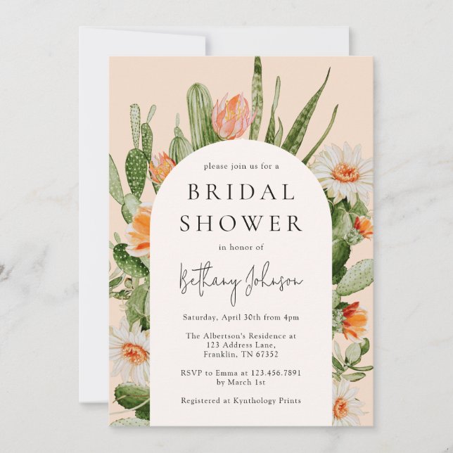 Boho Arch Cactus Floral Bridal Shower Invitation (Front)