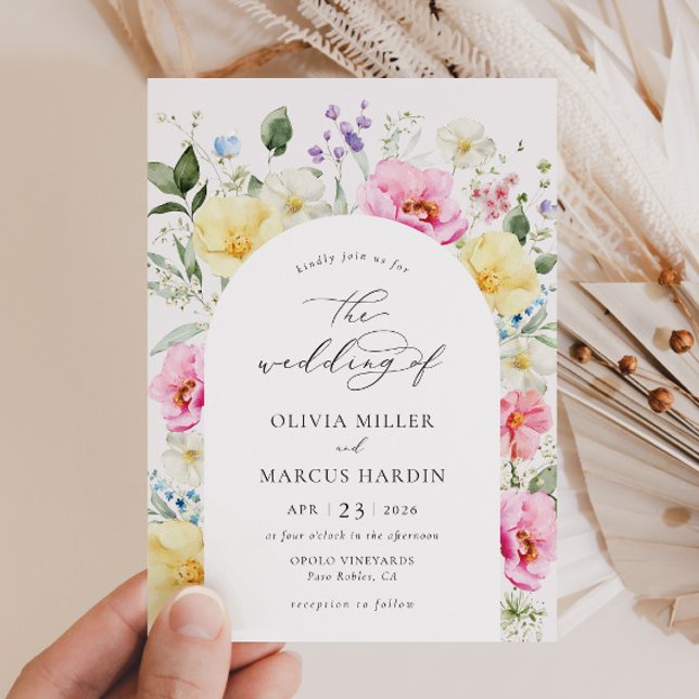 Boho Arch Colourful Floral Spring Elegant Wedding Invitation (Front)