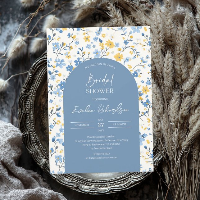 Boho arch colourful light blue yellow wildflowers invitation (Boho arch colorful light blue yellow wildflowers invitation)
