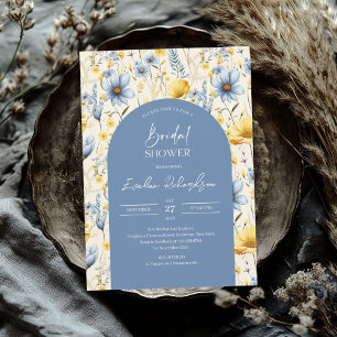 Boho arch colourful light blue yellow wildflowers invitation