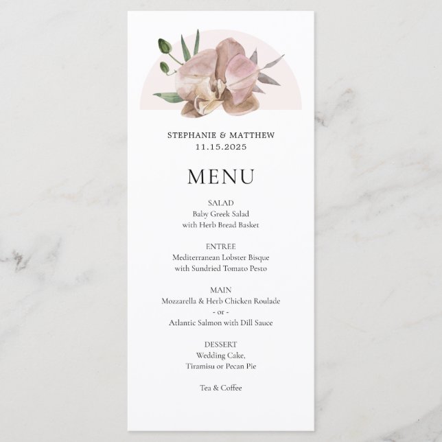Boho Arch Dusty Orchids Floral Wedding Menu (Front)
