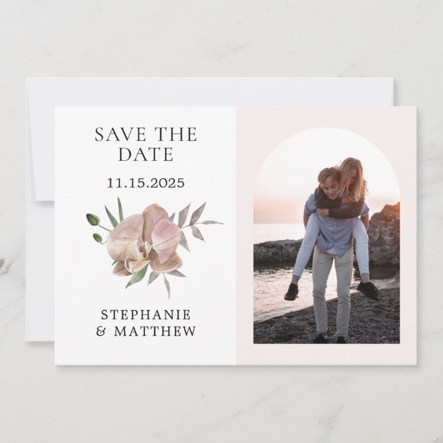 Boho Arch Dusty Orchids Photo Wedding Save The Date (Front)
