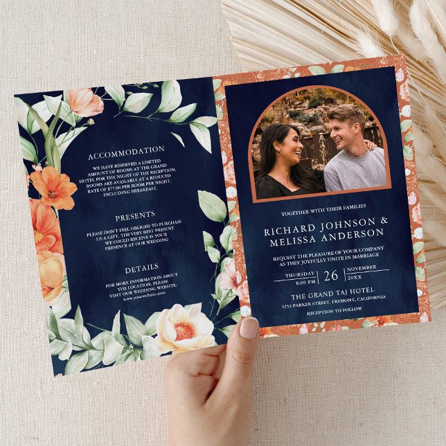 Boho Arch Earthy Floral Navy Blue QR Code Wedding Invitation (Creator Uploaded)